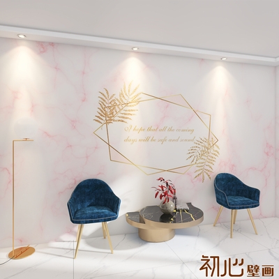 美容院墙纸间轻背景墙大理石直播网前台logo奢高档简约定制壁纸红