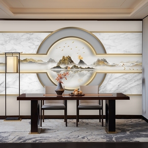 现代新中式山水装修墙纸轻奢风格客厅电视背景墙装饰壁画茶室壁纸