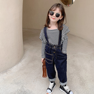 女童春装儿童韩版背带裤小女孩洋气长裤宝宝牛g仔裤春季童装裤子