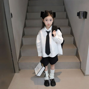 女童白衬衫2024春秋装新款韩版中大童洋气翻领长袖高级学院风JK服