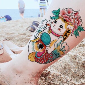 魔力原创招财猫鲤鱼纹身贴男女持久防水脚踝手臂g刺青花臂遮疤痕