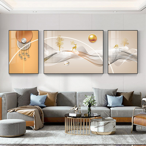 福禄似锦 客厅背景墙装饰画山水三联壁画现代简约大气沙发墙挂画