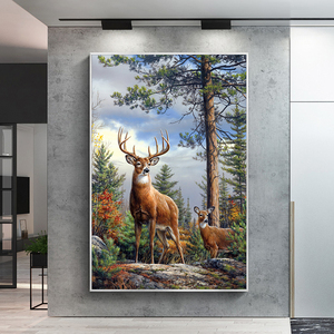 纯手绘风景油画美式梅花鹿欧式客厅装饰画招财鹿动物玄关走廊挂画