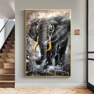 手绘大象油画动物吉祥象现代客厅装饰画黑色玄关走廊挂画美式壁画