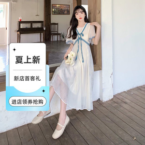 中国风汉元素森系裙子夏季设计感汉服改良超仙女大摆白色连衣裙