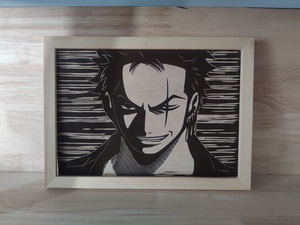 索隆木刻画定制动漫木f刻来图定制纯手工木板雕刻黑白木刻版画.