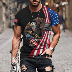 欧美夏装新款美国国旗3D印花短袖T恤时尚潮流男士运动休闲上衣服