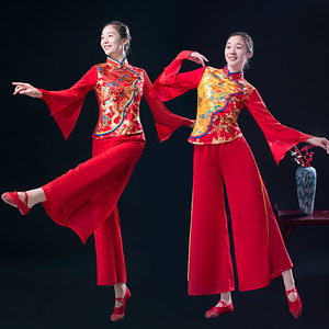 2021年新款冬季加绒秧歌服中国红舞台服雪纺飘逸套装打鼓服腰鼓服