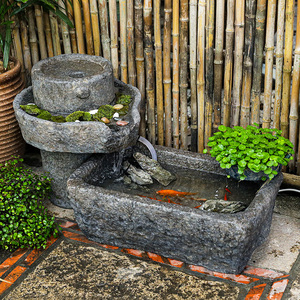 户外假山流水喷泉石槽造景摆件日式庭院水池景观阳台石磨室外鱼池