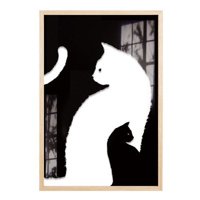 北欧墙面客厅猫咪装饰画餐厅透明画实木框猫挂画黑白摆件壁画