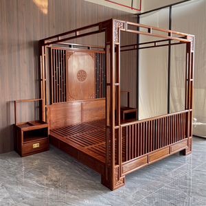 新中式实木架子床别墅简约婚床卧室仿古双人雕花拔步床四柱床定制