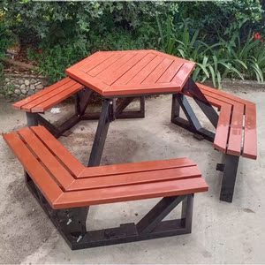 可固定防腐木实木小区六边形连接桌椅带靠背座椅户外公园椅社区
