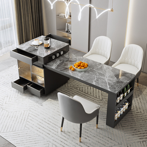轻奢岩板岛台餐桌一体可伸缩多功能家用小户型现代厨房吧台桌饭桌