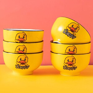 小黄鸭碗6个新骨瓷网红小鸟陶瓷碗日式卡通可爱米饭碗防烫面碗甜