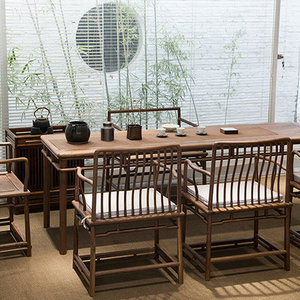 新中式茶台实木茶桌椅组合禅意干泡台书桌画案老榆木茶室家具