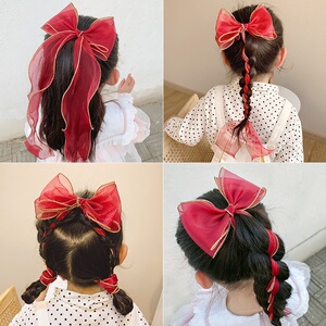 运动会儿童节女童头饰红丝带扎头发节目演出学校开幕式表演的头饰