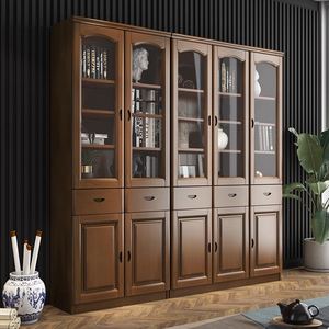 中式实木书柜带玻璃门落地组合书架柜家用客厅置物柜书房办公书橱