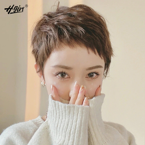 狗啃刘海假发女短发真发全真人发双递针真发全头套时尚自然短直发
