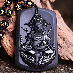 天然黑曜石财神吊坠招黄财神项坠男女款大黑天财神项链饰品护身符