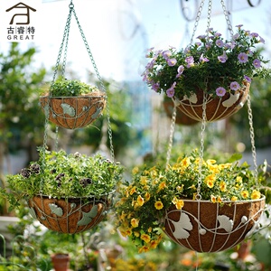 阳台铁艺植物垂吊花篮双层悬挂圆形椰棕花卉吊篮花架壁挂园艺装饰