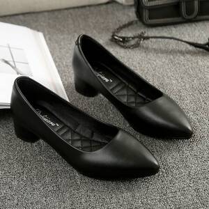 软皮舒适瓢鞋女粗跟职业工作鞋中跟2022秋尖头软底黑色皮鞋女单