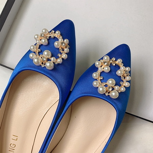 蓝色婚鞋女结婚新娘出门上轿鞋新款尖头浅口单鞋软底平底鞋大码43