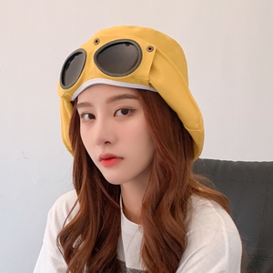 带墨镜的帽子夏季新款可折叠渔夫帽户外遮阳紫外线飞行员镜帽盆帽