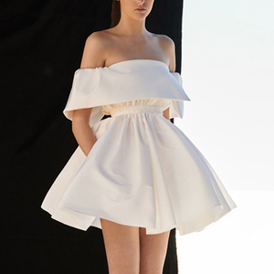 白色蓬蓬连衣裙一字肩小晚礼服裙轻奢小众高端小个子生日小礼裙