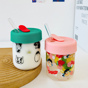 卡通带吸管耐热玻璃杯简约森系清新水杯女生可爱学生杯子带盖喝水