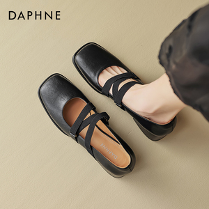 达芙妮法式芭蕾单鞋女2024夏季新款气质中跟绑带小皮鞋黑色玛丽珍
