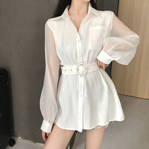 2021年秋季新中长款白色腰带网纱拼接衬衫女长袖港风上衣收腰显瘦