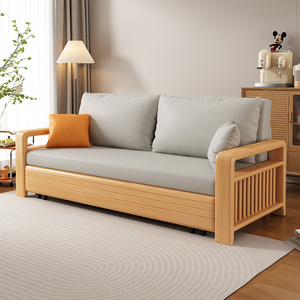 现代可折叠实木沙发床两用办公室书房双人午休小户型抽拉实木沙发