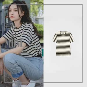现货买手店 jil sander 沈梦辰同款黑白条纹修身小标圆领t恤短袖