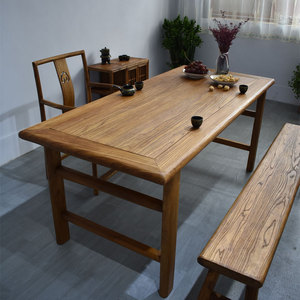 老榆木茶桌复古民宿中式餐桌椅实木长条凳原木禅意风化老门板茶桌