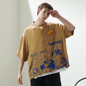 22ss mr.sandman主题漫画印花贴标垂感夏威夷短袖衬衫