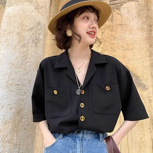 黑色西装领短袖衬衫女夏季设计感小众小个子雪纺衬衣法式宽松上衣