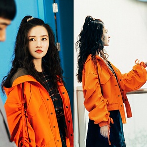 温暖的抱抱李沁同款衣服早春新橘黄色棒球服女短款飞行员夹克外套