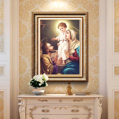 圣家三口像圣像画耶稣基督欧式画框玄关客厅挂画天主教圣母若瑟