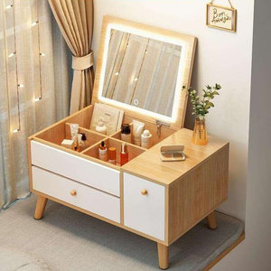 轻奢翻盖迷你梳妆台镜子可隐飘窗台可移动化妆桌小型单桌带led灯