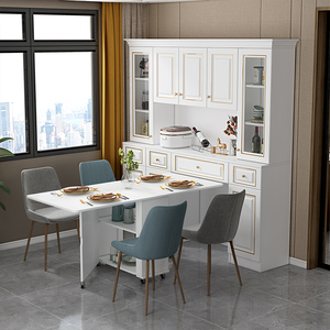 餐厅实木多层板餐边柜折叠餐桌一体靠墙高柜厨房橱柜带移动伸缩桌