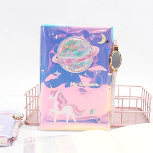 儿童零花钱记账本炫彩镭射流沙笔锁密码本带锁笔记本少女心独角兽