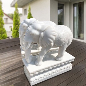 石雕象家用招财门口汉白玉大理石大象风水摆公司件一对象石材吸水
