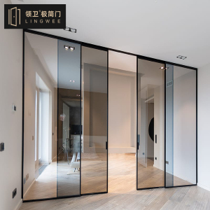 厨房吊轨玻璃门无下轨推拉门四联动极窄门隔断门铝合金浴室门定制