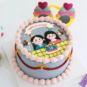 网红创意定制闺蜜姐妹卡通手绘水果生日蛋糕深圳成都全国同城配送