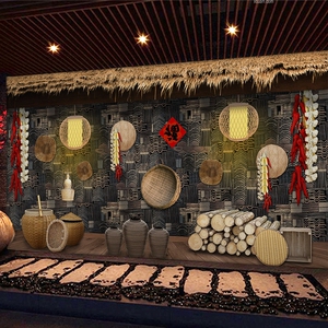 农家乐饭店背景墙复古怀旧简约茅草屋檐壁纸餐馆茶室包厢中式墙布