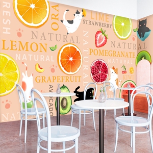 水果店背景墙8d立体卡通鲜榨果汁装修壁纸奶茶店休闲吧小吃店墙布