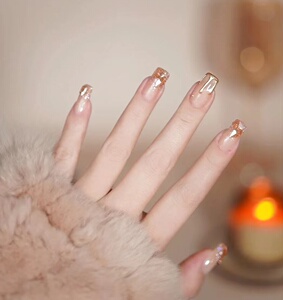 穿戴甲极光钻美甲贴片成品穿戴式假指甲片香槟色夏日水滴魔镜粉bf