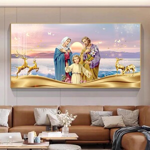 天主教客厅欧式挂画卧室客厅装饰画餐厅玄关圣家三口圣母画像壁画