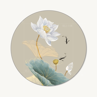 新中式屏风纱画半透明乔其纱圆形花格j画布山水荷花背景玄关.