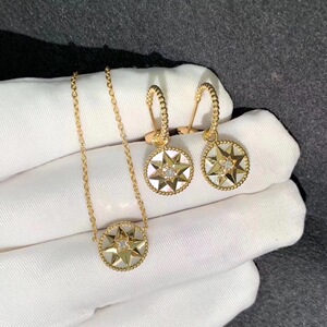 dior/迪奥罗盘耳环18k玫瑰金白金镶钻满钻白贝母 八芒星耳钉女